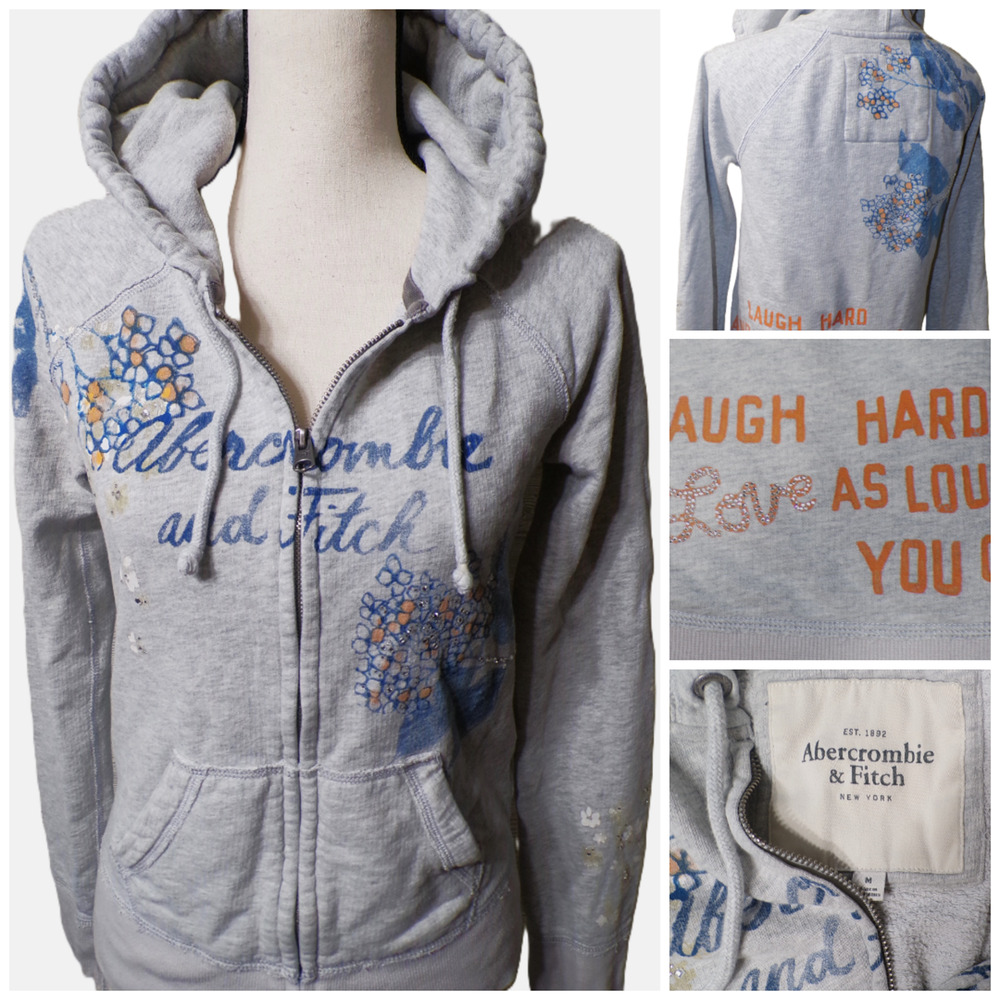 Y2K Abercrombie & Fitch zip Hoodie Sweatshirt Gray Laugh hard Love Loud Preppy